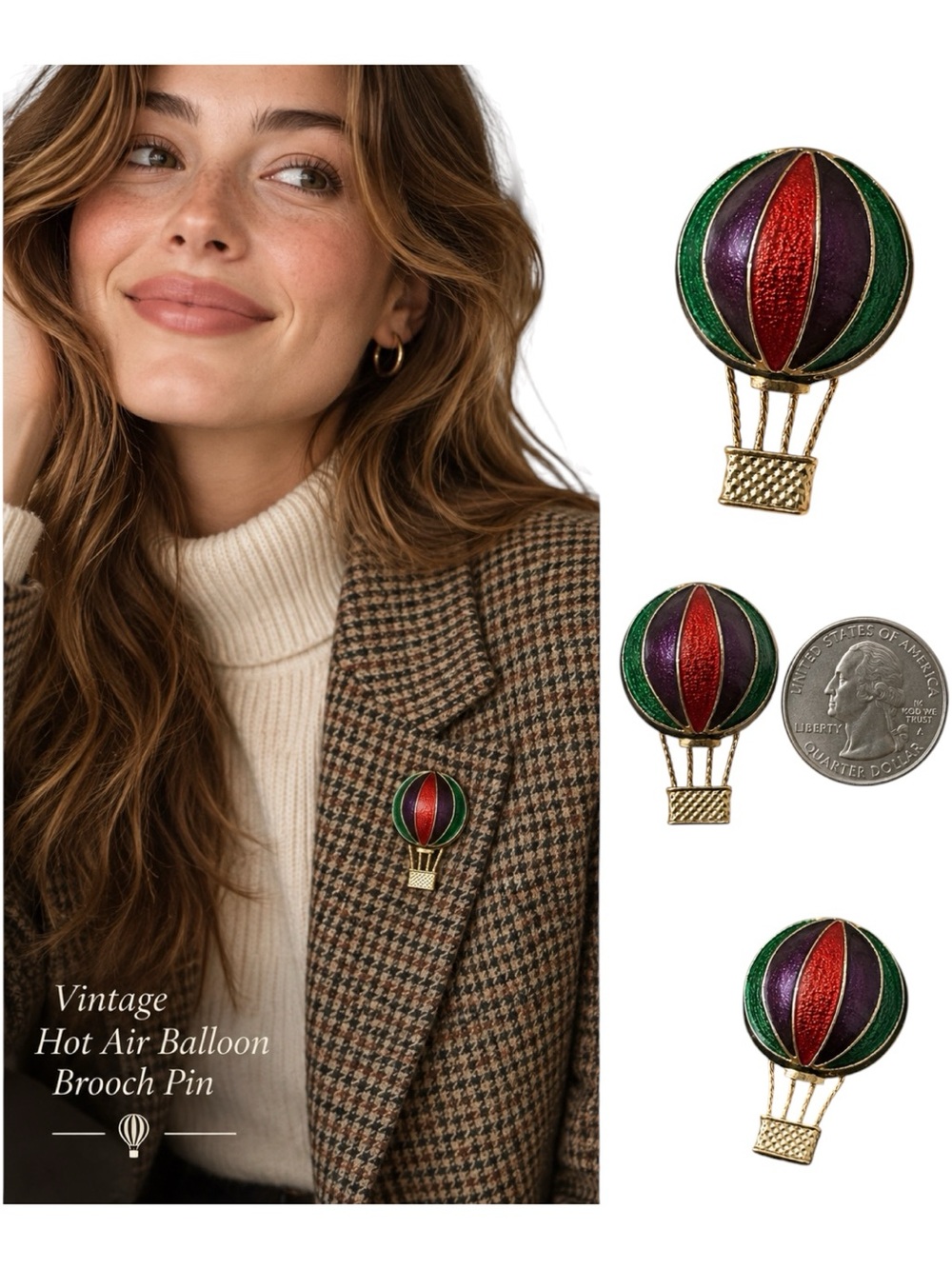 🎈🌟VTG Kim Rogers 80s Women's Hot Air Balloon Colorful Gold Tone Brooch Pin